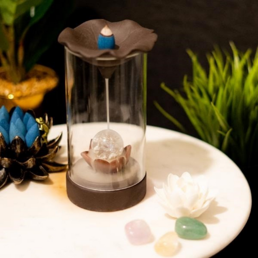 Lotus Crystal Ball Glass Backflow Incense Burner With LED