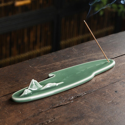 Celadon Green Ceramic Incense Stick Holder With Mountains